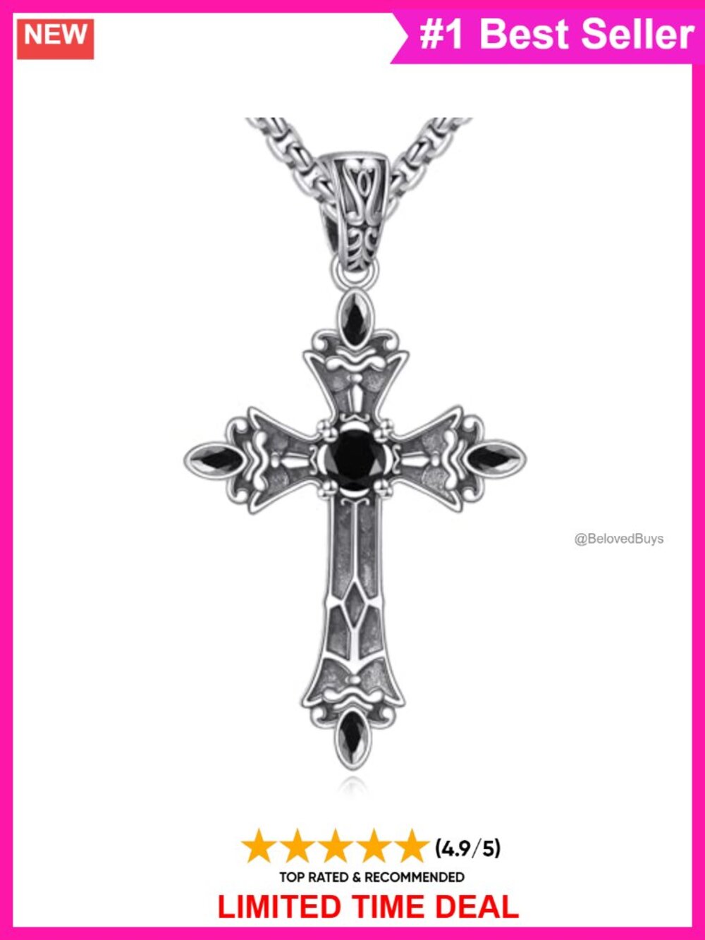 925 Sterling Silver Gothic Cross Necklace Stainless Steel Chain Pendant